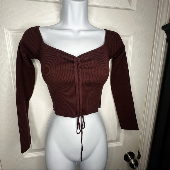 NWT Zara Women’s Medium Brown Rib Knit Off Shoulder Crop Top Sweater M - Picture 6 of 16